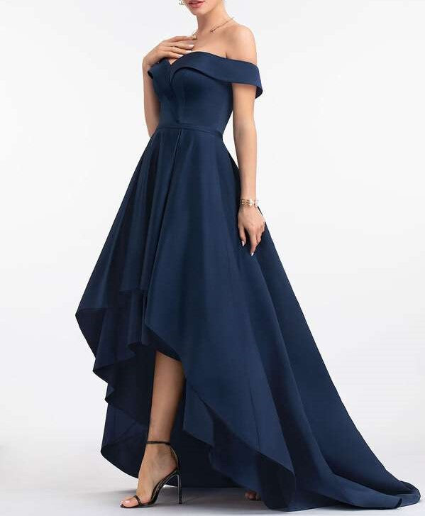 Navy Blue Off-the-Shoulder Satin Asymmetrical Dress
