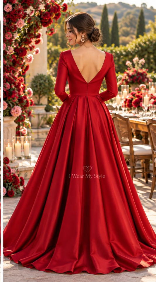 Red Satin Full Sleeves sweetheart neck Ball Gown Dress