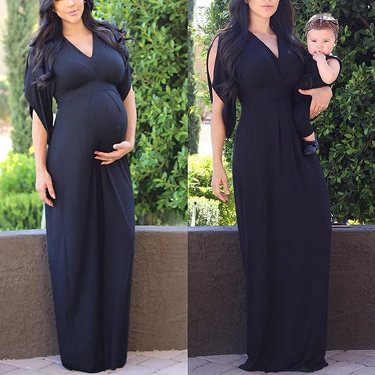 Maternity Solid Black V-Neck Dress