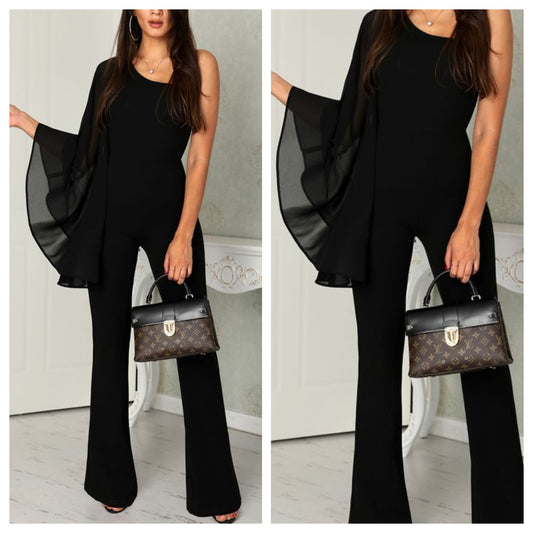 Black Bat Wing Flared Jumpsuit