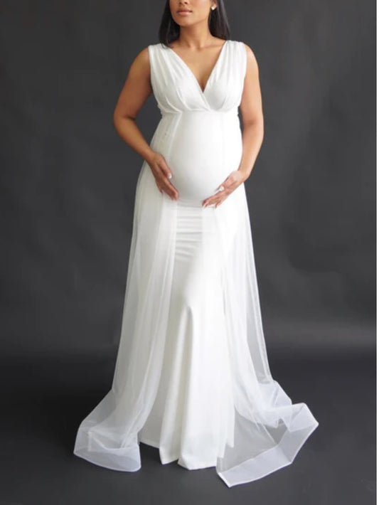 White Lycra And Net Maternity Gown
