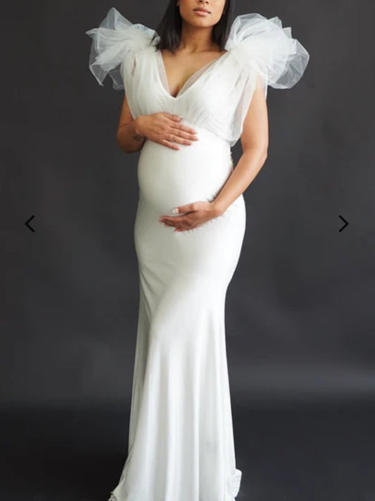 White Lycra and Puffer Sleeves Maternity Gown