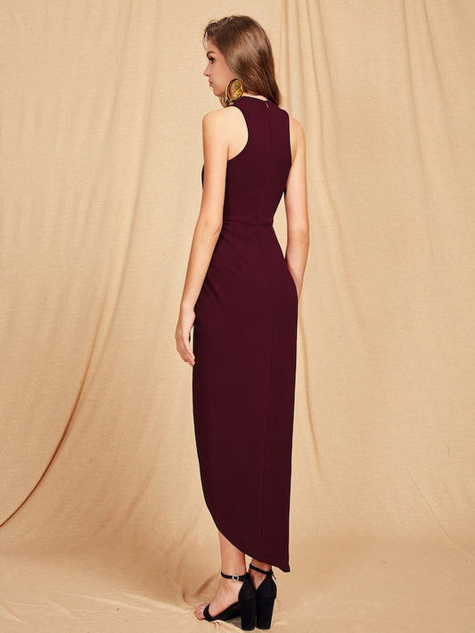 Cross Neck Maroon Asymmetrical Dress