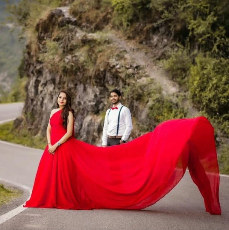 Red One Shoulder Mega Trail Gown