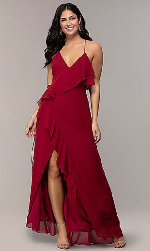Ruffled Chiffon V-Neck Long Simply Prom Dress