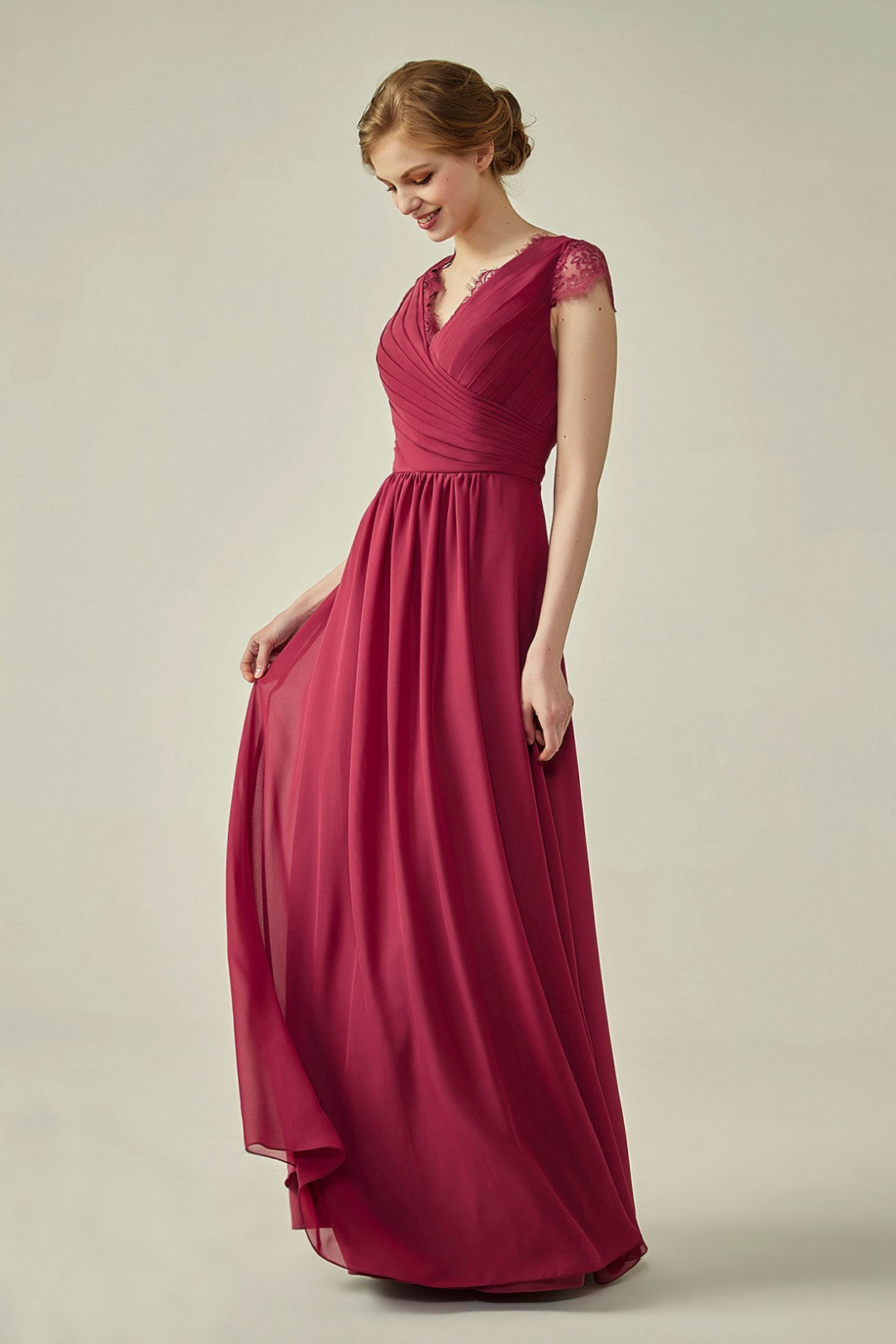 Lace Cap Sleeves V-Neck Lace Back Closure with Keyhole Bridesmaid Dress
