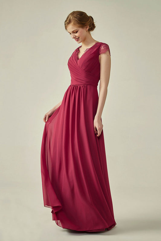 Lace Cap Sleeves V-Neck Lace Back Closure with Keyhole Bridesmaid Dress
