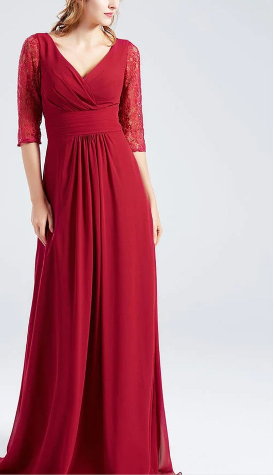 Maroon Red V Neck Dress with Lace Sleeves