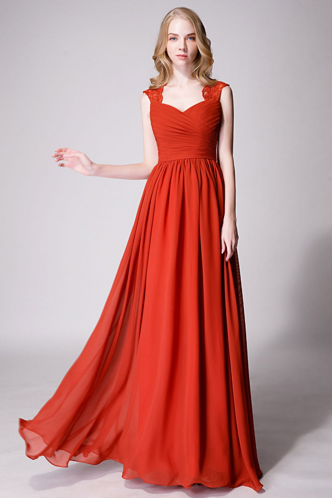 Rust Modest Cap Sleeves Chiffon Long Bridesmaid Dress with Lace Back
