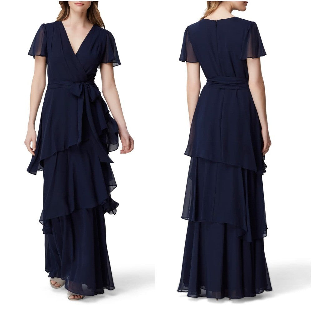 Navy Blue Multiple Layered Ruffles Maxi Dress
