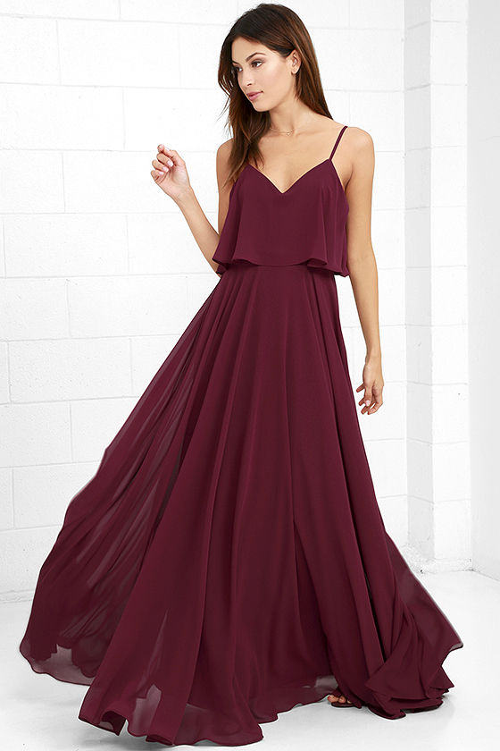 Maroon Overlap Spaghetti Strap Maxi Dress