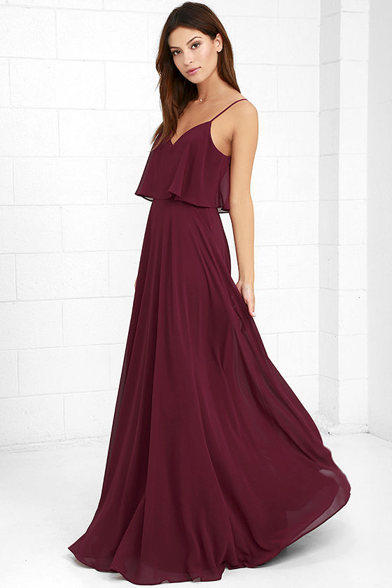 Maroon Overlap Spaghetti Strap Maxi Dress