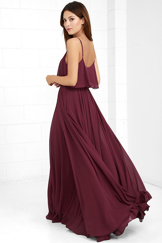Maroon Overlap Spaghetti Strap Maxi Dress