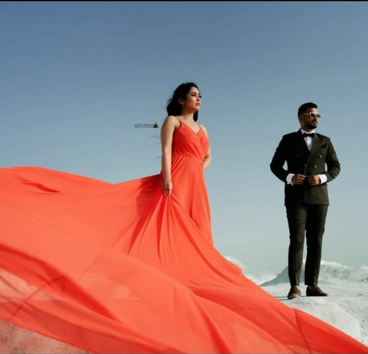 Orange Ruched Prewedding Mega Trail Gown