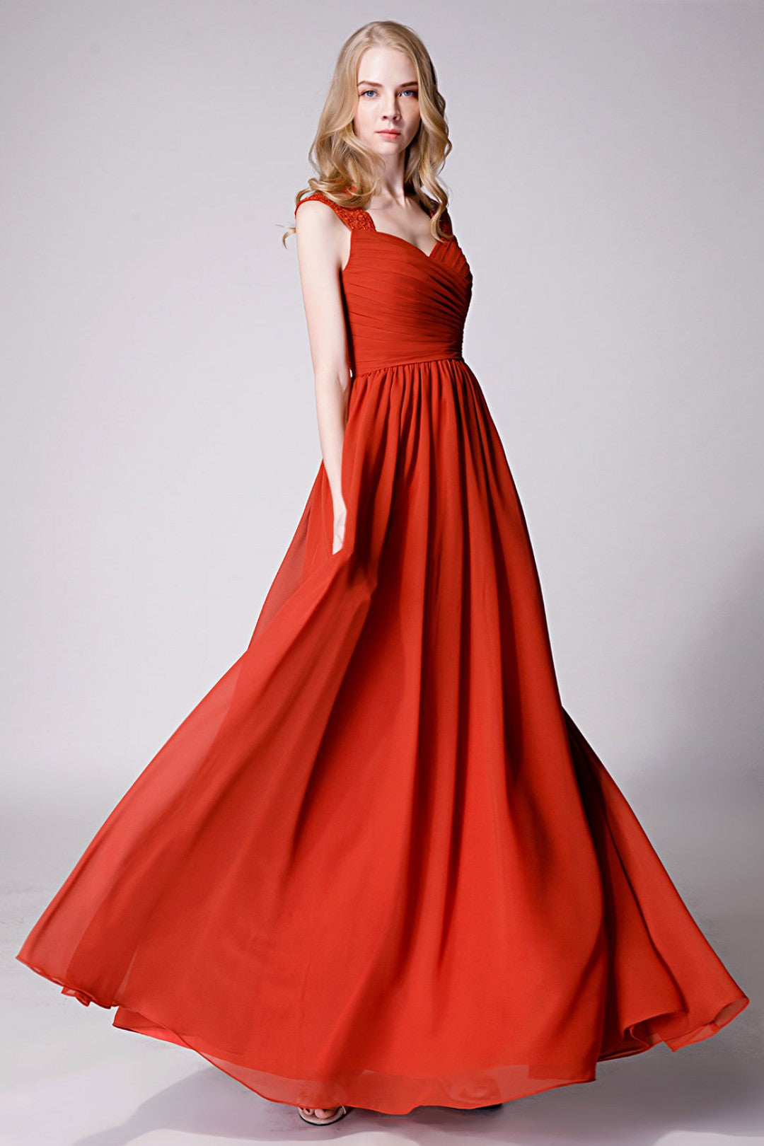 Rust Modest Cap Sleeves Chiffon Long Bridesmaid Dress with Lace Back