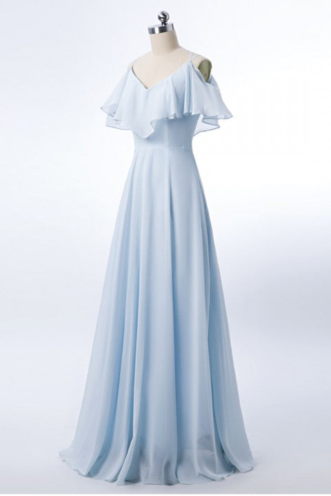 Double Spaghetti Straps V Neck Georgette Bridesmaid Dress with Flouncing Top