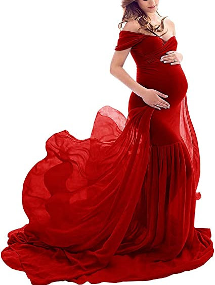 Maroon Red Triple Trail Lycra and Georgette Maternity Photoshoot Gown