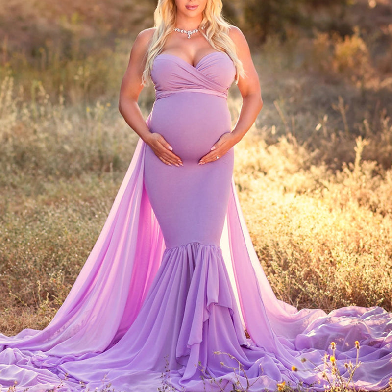 Lavender Off Shoulder Maternity Solid Color Strapless Photo Dress