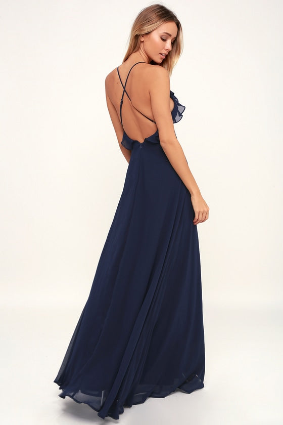 Navy Blue Frill Backless Maxi Dress