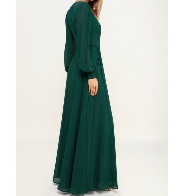 Green V Neck Full Sleeves Slit Maxi Dress