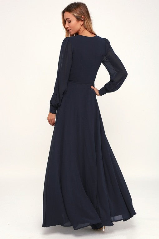 Navy Puffer Sleeves Front Slit Georgette Overlap Dress