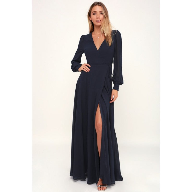 Navy Puffer Sleeves Front Slit Georgette Overlap Dress