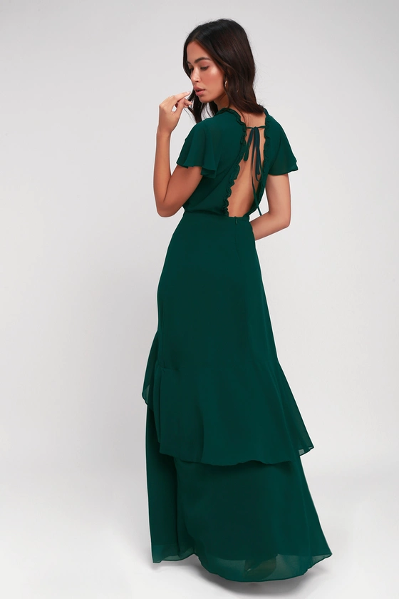 Pour the Champagne Emerald Green Ruffled Backless Maxi Dress
