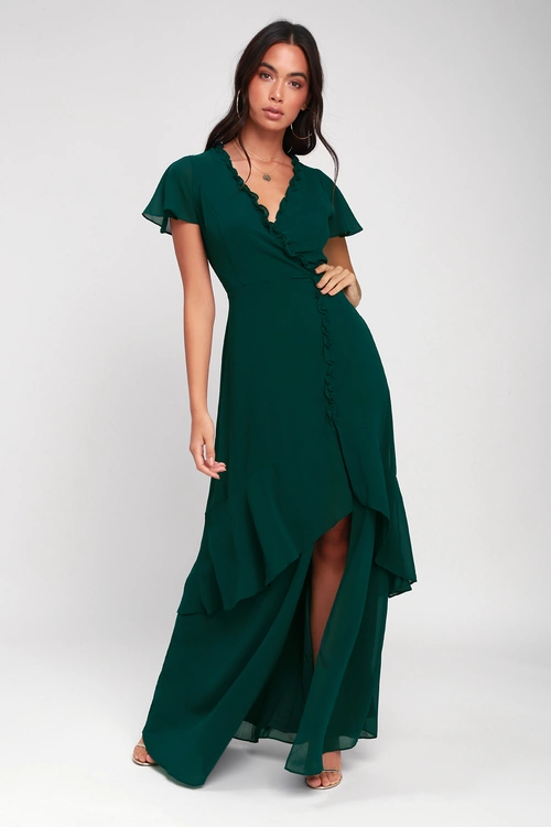 Pour the Champagne Emerald Green Ruffled Backless Maxi Dress