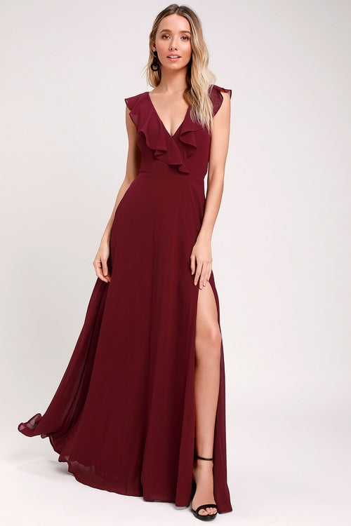 Maroon Frill Spaghetti Strapless Maxi Dress