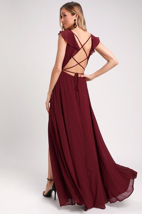 Maroon Frill Spaghetti Strapless Maxi Dress
