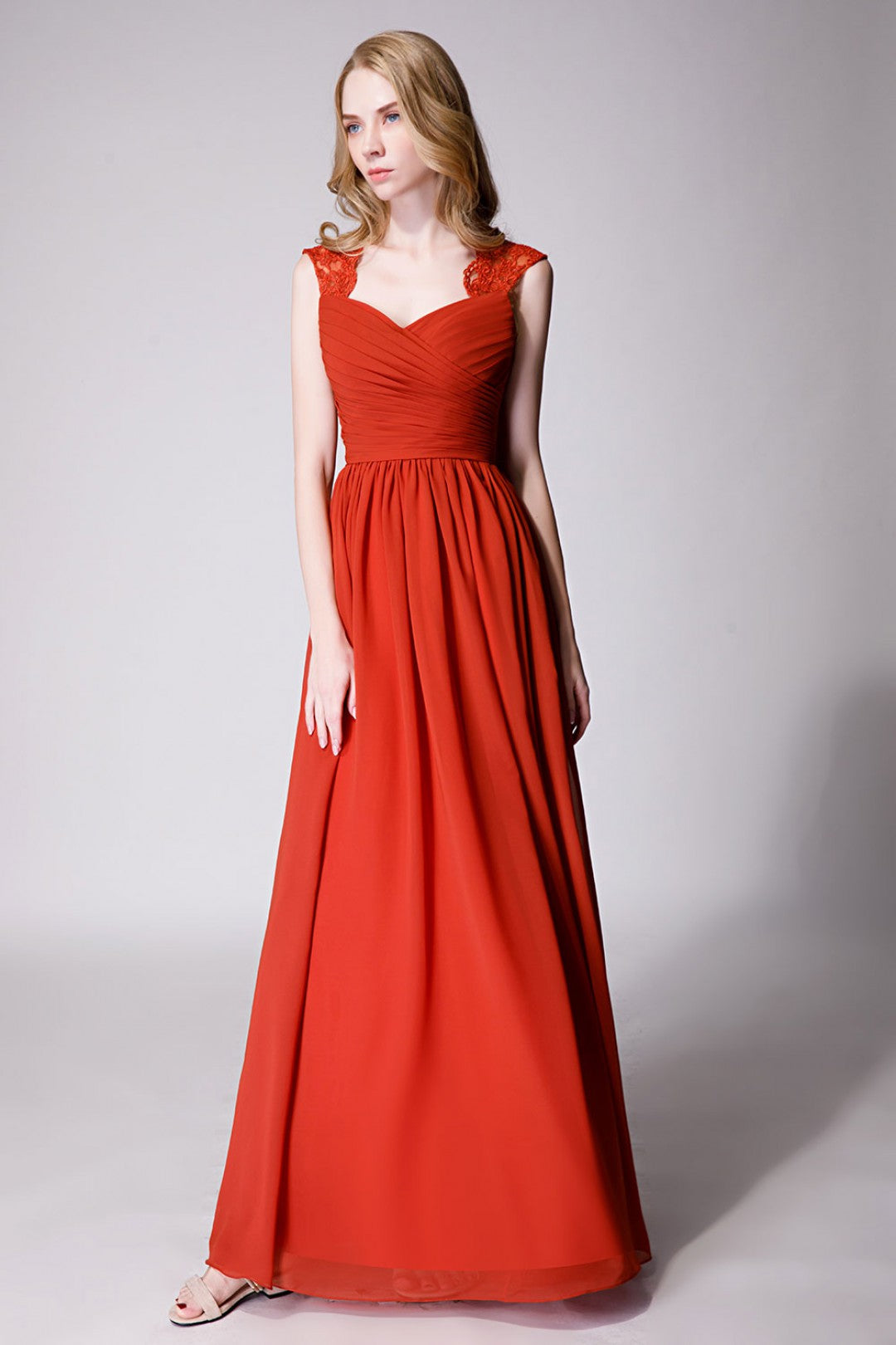 Rust Modest Cap Sleeves Chiffon Long Bridesmaid Dress with Lace Back