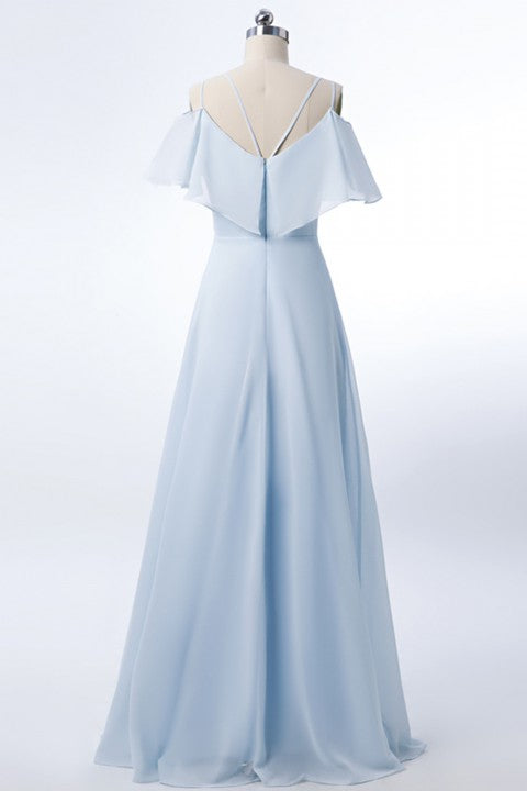 Double Spaghetti Straps V Neck Georgette Bridesmaid Dress with Flouncing Top