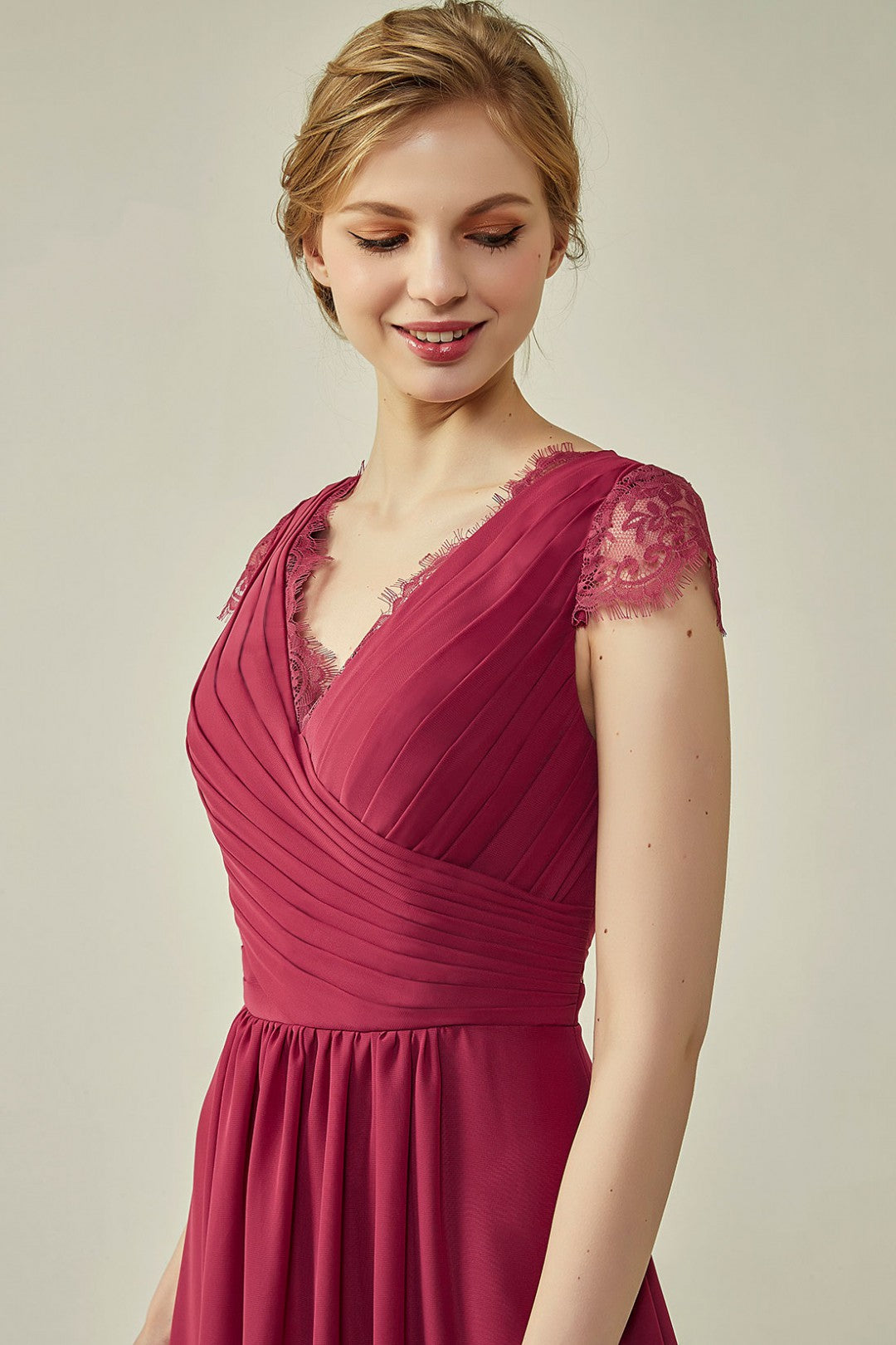 Lace Cap Sleeves V-Neck Lace Back Closure with Keyhole Bridesmaid Dress