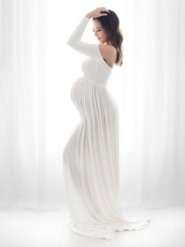 White Bandeau Pleated Boat Neck Off Shoulder Floor Length Maternity Maxi Dress
