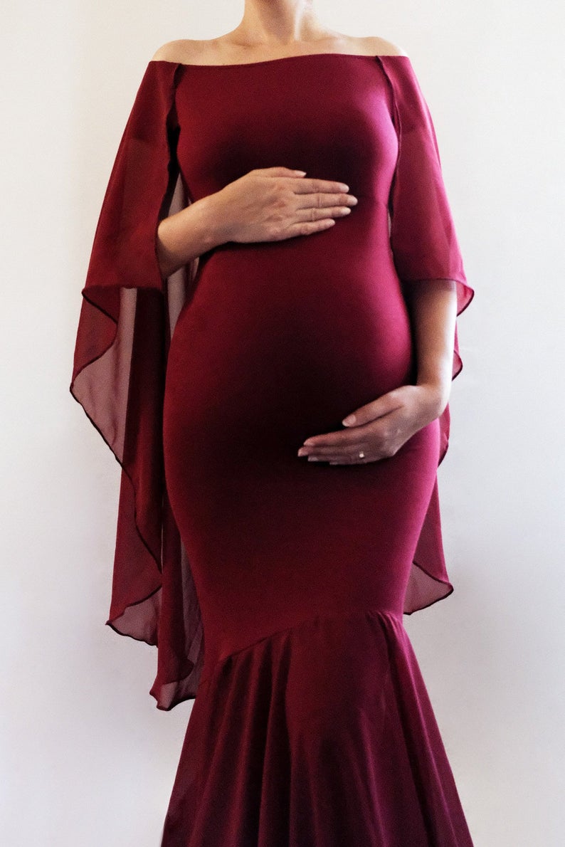 GLORIA Maternity Dress Fitted Maxi Dress with Cape