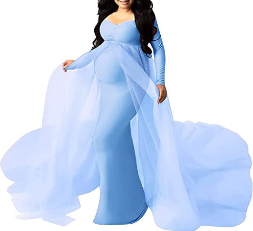 Sky Blue Lycra and Net Trail Maternity Photoshoot Gown iwearmystyle Sky Blue Lycra and Net Trail Maternity Photoshoot Gown iwearmystyle