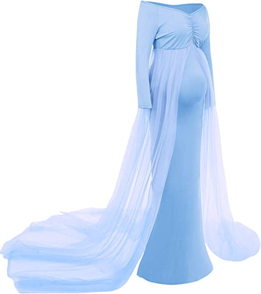 Sky Blue Lycra and Net Trail Maternity Photoshoot Gown