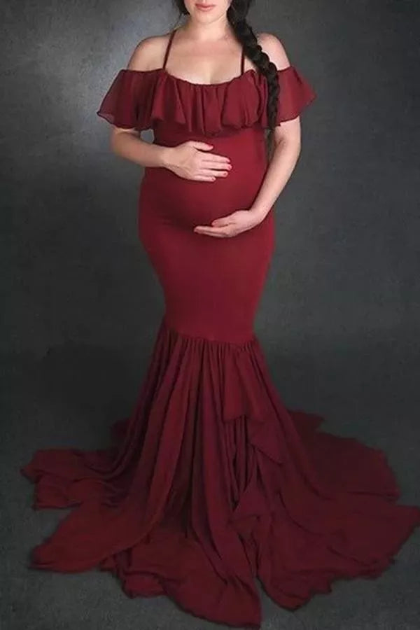 Maroon Red Frill Neck Mermaid Lycra Gown