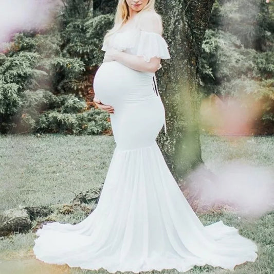 White Lycra off Shoulder Spaghetti Strap Maternity Dress