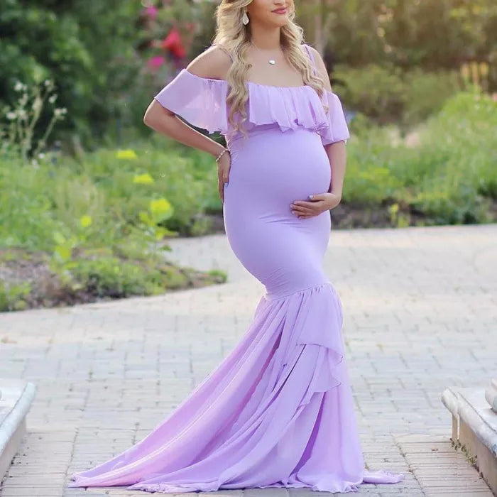 Lilac Neck Ruffled Maternity Lycra and Georgette Dress