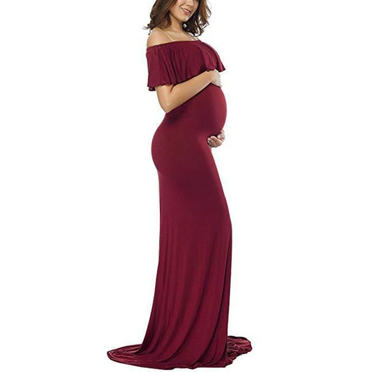 Wine Maternity Solid Color Off Shoulder Photoshoot Gowns