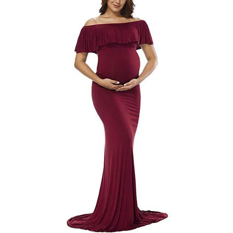 Wine Maternity Solid Color Off Shoulder Photoshoot Gowns