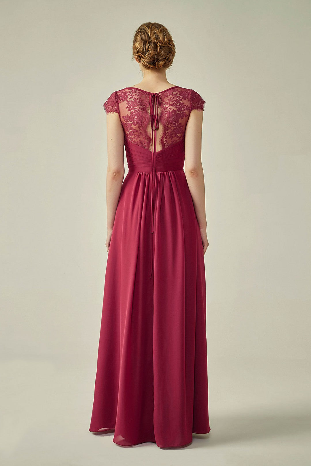 Lace Cap Sleeves V-Neck Lace Back Closure with Keyhole Bridesmaid Dress