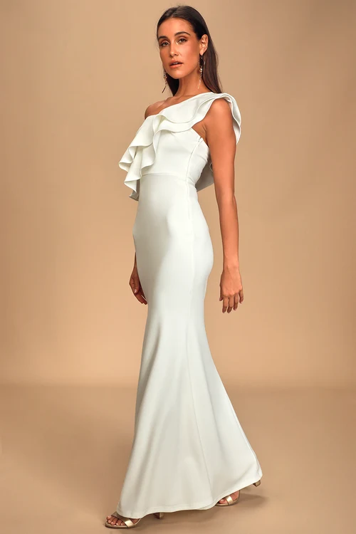 Grand Beauty White Ruffled One-Shoulder Mermaid Maxi Dress
