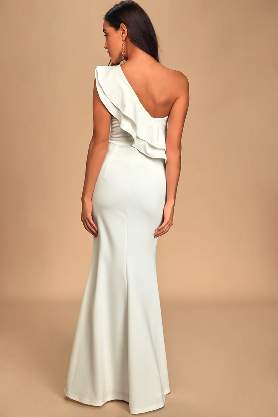 Grand Beauty White Ruffled One-Shoulder Mermaid Maxi Dress