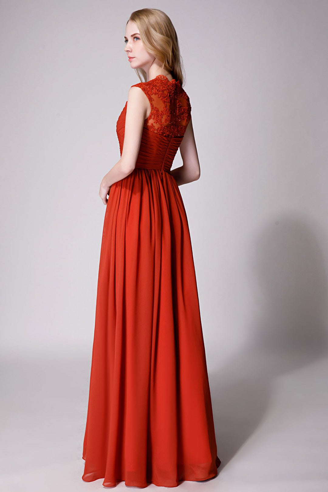 Rust Modest Cap Sleeves Chiffon Long Bridesmaid Dress with Lace Back