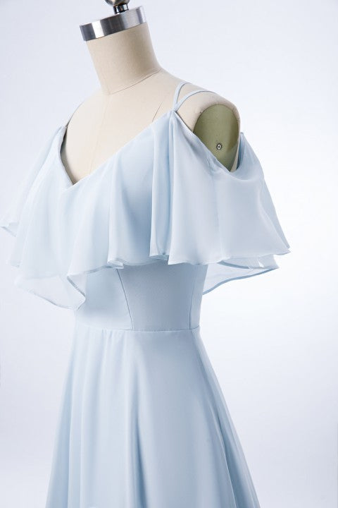 Double Spaghetti Straps V Neck Georgette Bridesmaid Dress with Flouncing Top