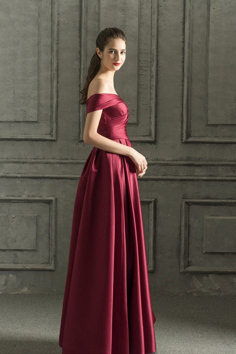 Off Shoulder Ruched Corset Back A-Line Satin Wedding Prom Dress