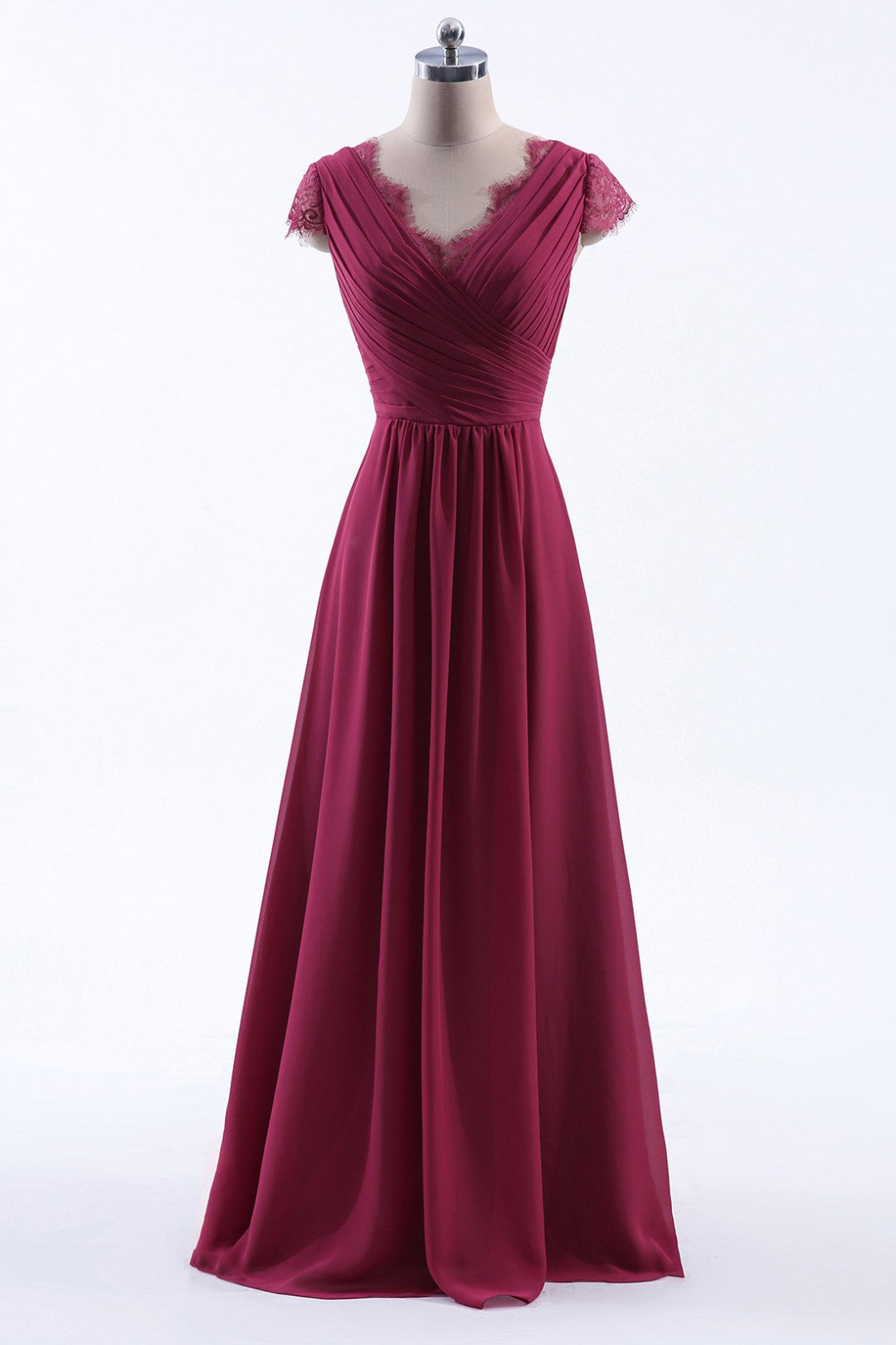 Lace Cap Sleeves V-Neck Lace Back Closure with Keyhole Bridesmaid Dress