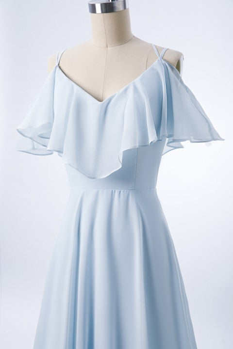 Double Spaghetti Straps V Neck Georgette Bridesmaid Dress with Flouncing Top